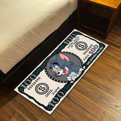 Tom Cat Money Note Flat Rug | Tom and Jerry Cartoon Dollar Bill Inspired Bedroom Flat Rug for Gaming Room & Cartoon Decor