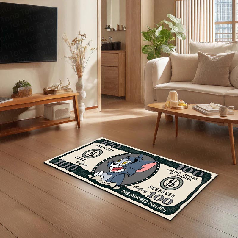 Tom Cat Money Note Flat Rug | Tom and Jerry Cartoon Dollar Bill Inspired Bedroom Flat Rug for Gaming Room & Cartoon Decor