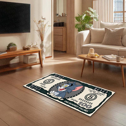 Tom Cat Money Note Flat Rug | Tom and Jerry Cartoon Dollar Bill Inspired Bedroom Flat Rug for Gaming Room & Cartoon Decor