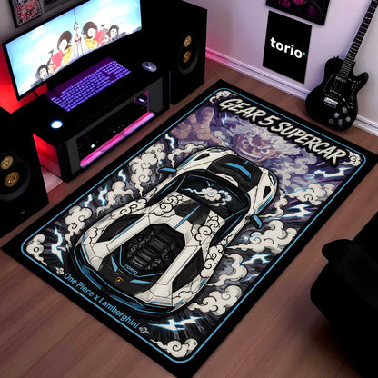 Gear 5 Supercar Area flat Rug | One Piece × Lamborghini Premium Anime flat Rug | Cloud Power Gaming Room Decor