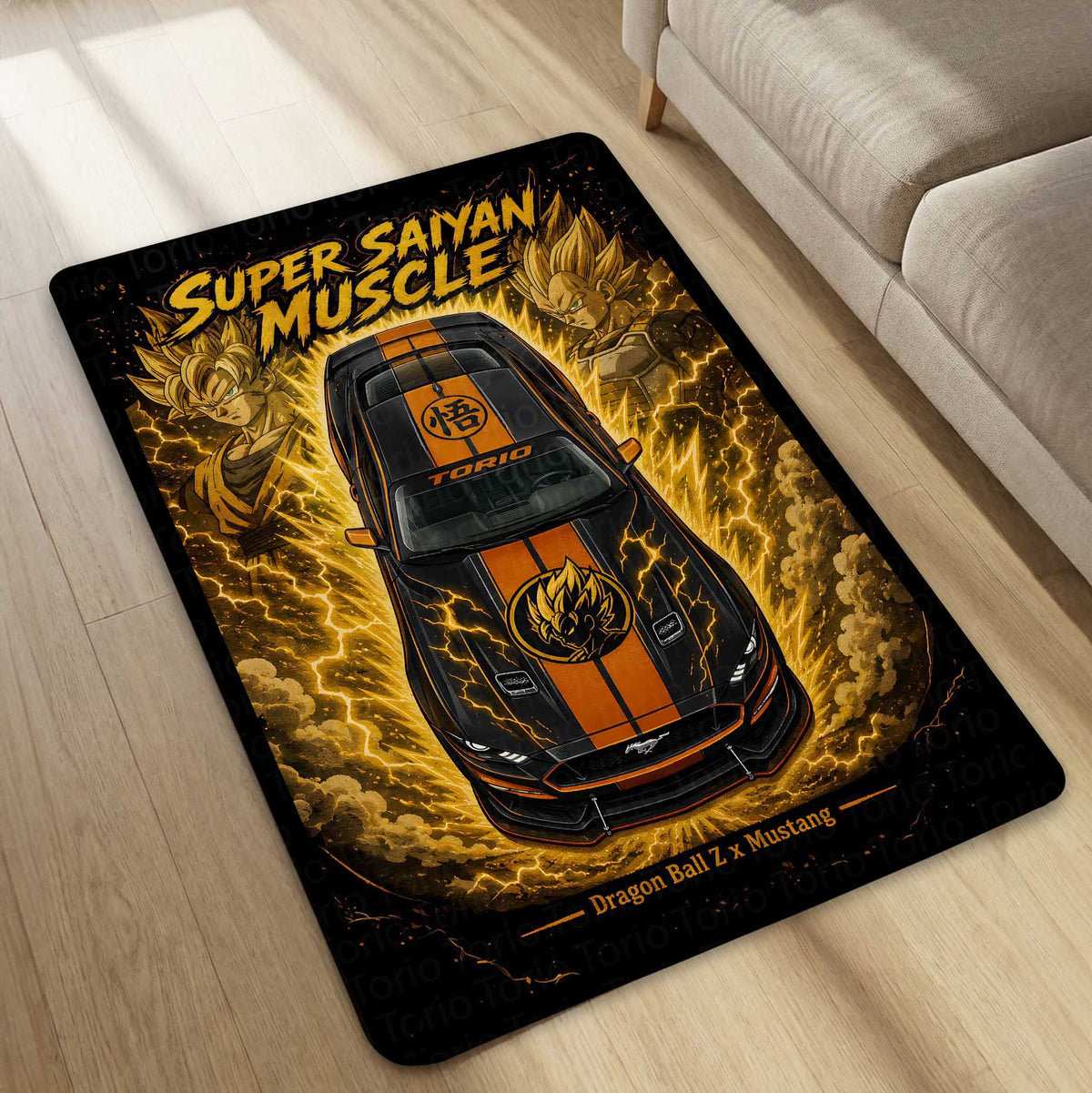 Super Saiyan Muscle Area flat Rug | Dragon Ball Z × Mustang Premium Anime flat Rug | Golden Energy Gaming Room Decor