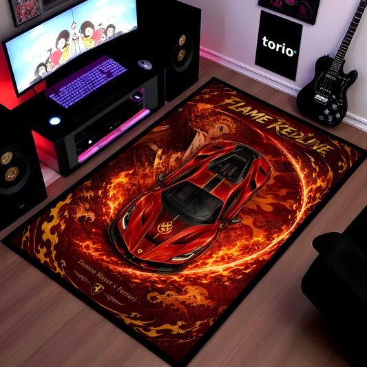 Flame Redline Ferrari Area flat Rug | Demon Slayer Rengoku Inspired Gaming flat Rug | Anti-Slip 3 mm Large Floor Mat for Bedroom, Gaming Room & Anime Car Decor