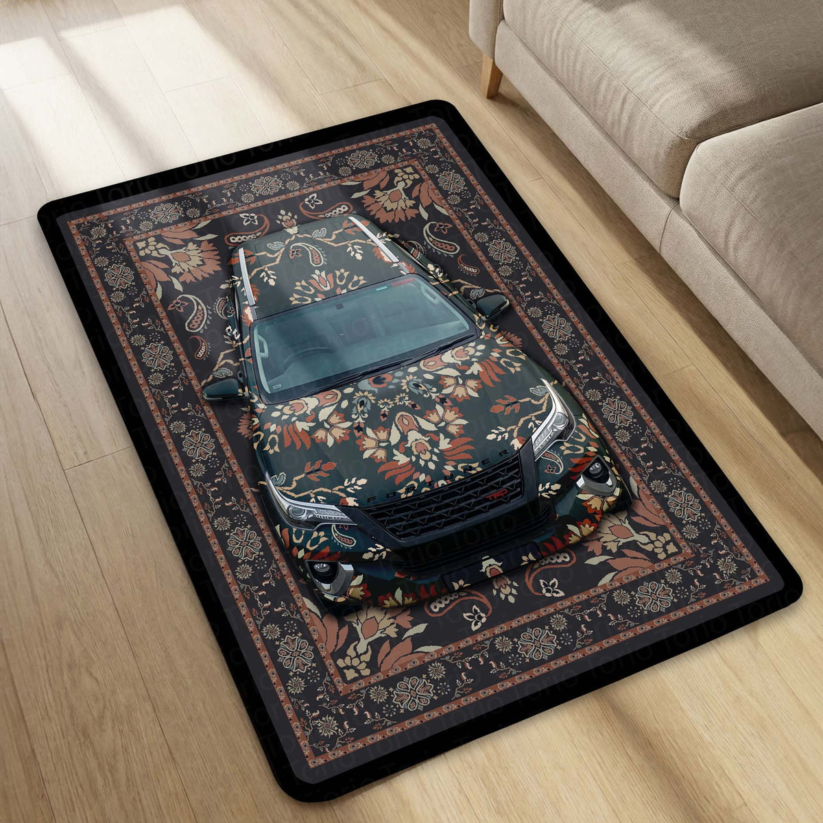 Toyota Fortuner Front View Floor Mat | Persian Floral SUV Luxury Flat Rug | Anti-Slip 3mm Absorbent Premium Car Design Mat for Home & Office