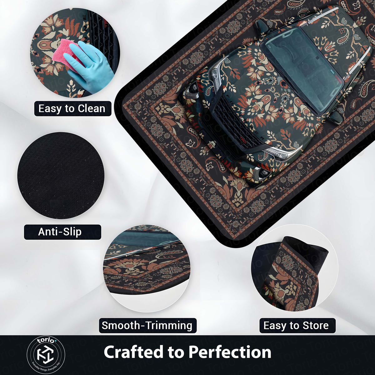 Toyota Fortuner Front View Floor Mat | Persian Floral SUV Luxury Flat Rug | Anti-Slip 3mm Absorbent Premium Car Design Mat for Home & Office