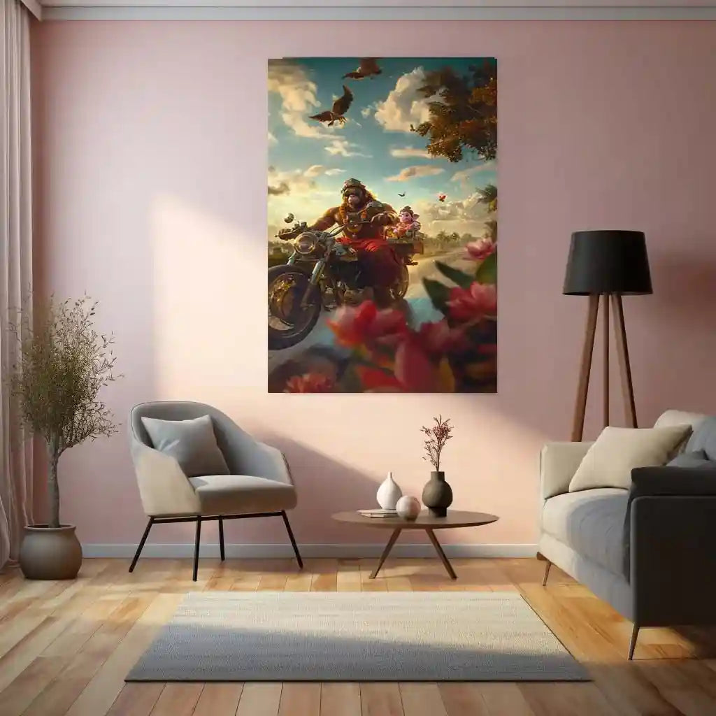 Spiritual Metal Poster |Lord Hanuman & Lord Ganesha on Bike Metal Poster | Funky Devotional Wall Art | Desi Divine Duo Decor - TURTLEWINGS