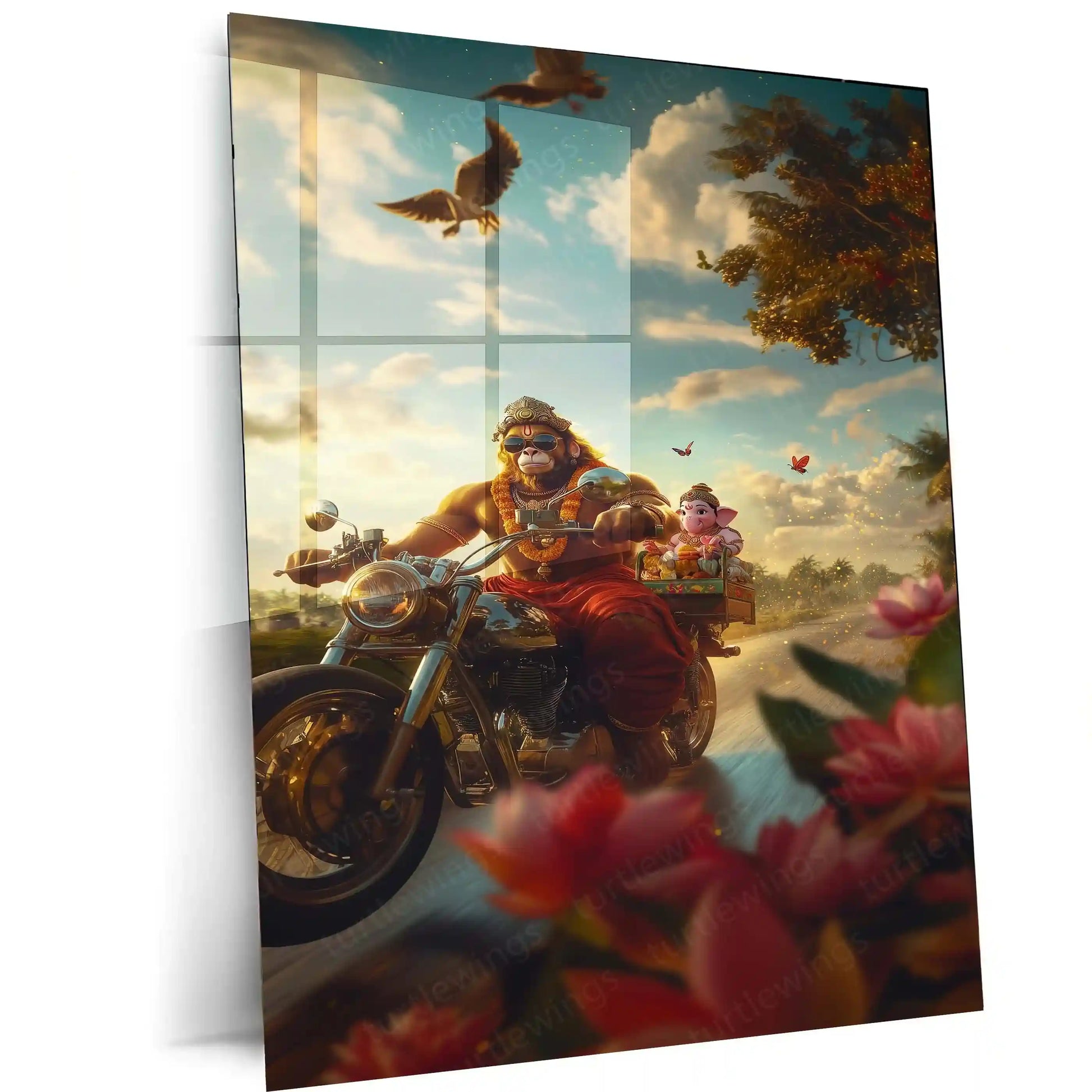 Spiritual Metal Poster |Lord Hanuman & Lord Ganesha on Bike Metal Poster | Funky Devotional Wall Art | Desi Divine Duo Decor - TURTLEWINGS