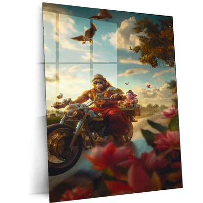 Spiritual Metal Poster |Lord Hanuman & Lord Ganesha on Bike Metal Poster | Funky Devotional Wall Art | Desi Divine Duo Decor - TURTLEWINGS