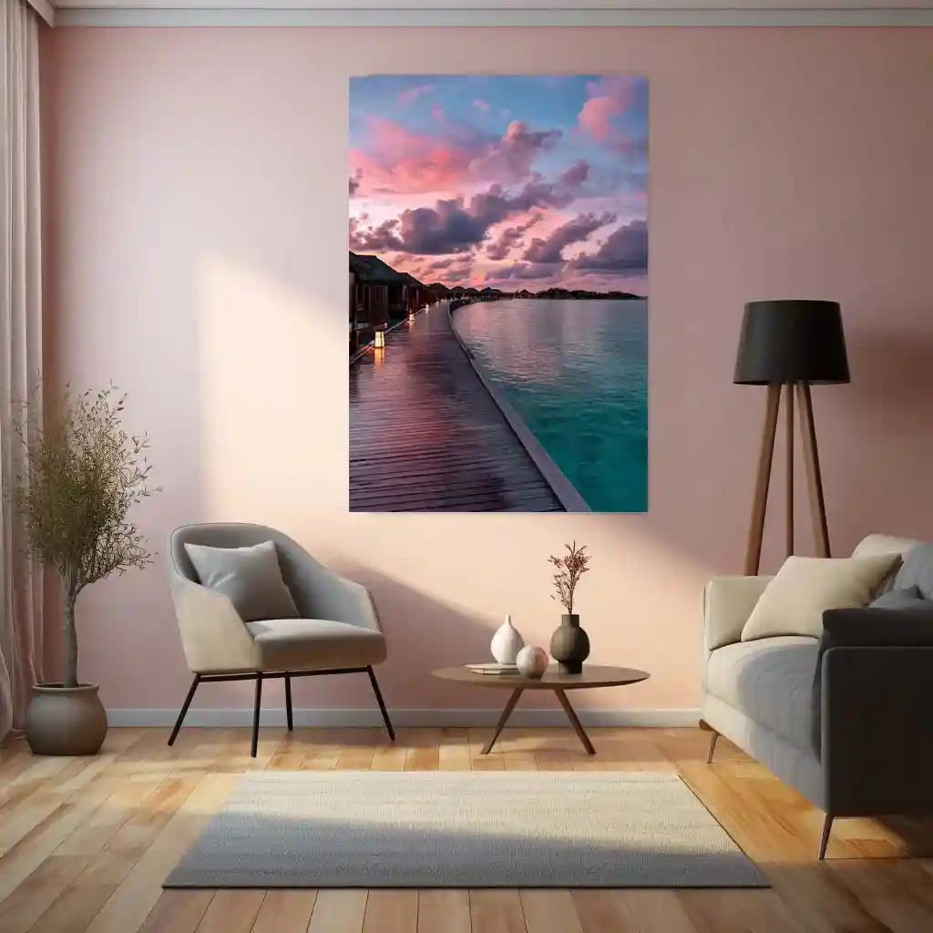 Destination Sea Resort Bungalows Metal Poster | Tropical Getaway Wall Art | Dream Vacation Decor - TURTLEWINGS