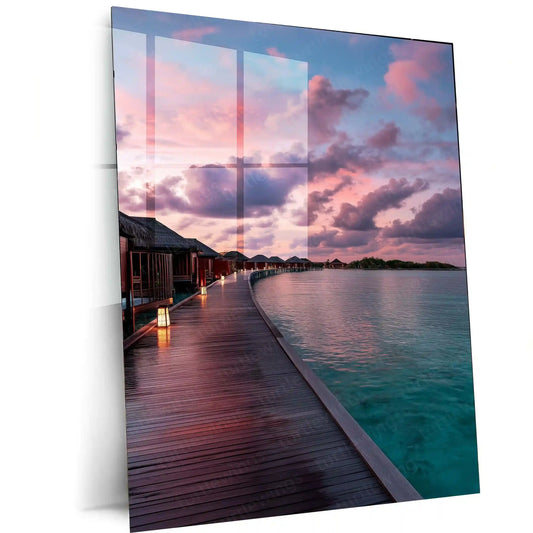 Destination Sea Resort Bungalows Metal Poster | Tropical Getaway Wall Art | Dream Vacation Decor - TURTLEWINGS