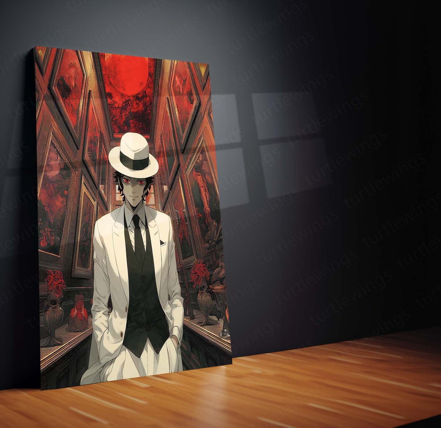 Muzan Kibutsuji Metal Frame – Demon Slayer Poster | Elegant Villain in Mirror Hallway | Dark Anime Decor for Kimetsu no Yaiba Fans - TURTLEWINGS