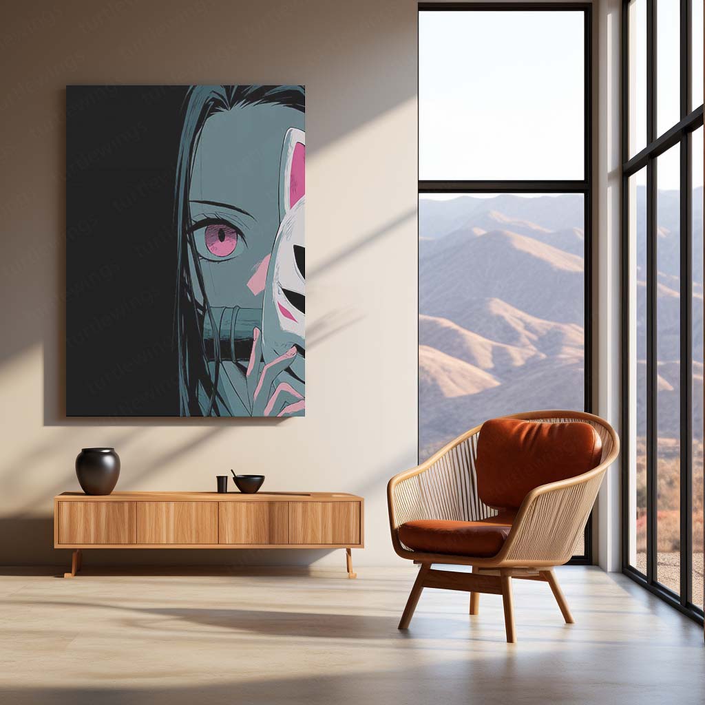 Nezuko Kamado Metal Frame – Fox Mask Half-Cover Anime Poster | Elegant Demon Slayer Wall Art - TURTLEWINGS
