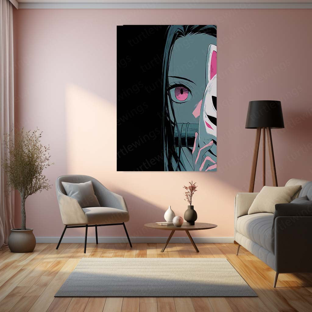 Nezuko Kamado Metal Frame – Fox Mask Half-Cover Anime Poster | Elegant Demon Slayer Wall Art - TURTLEWINGS