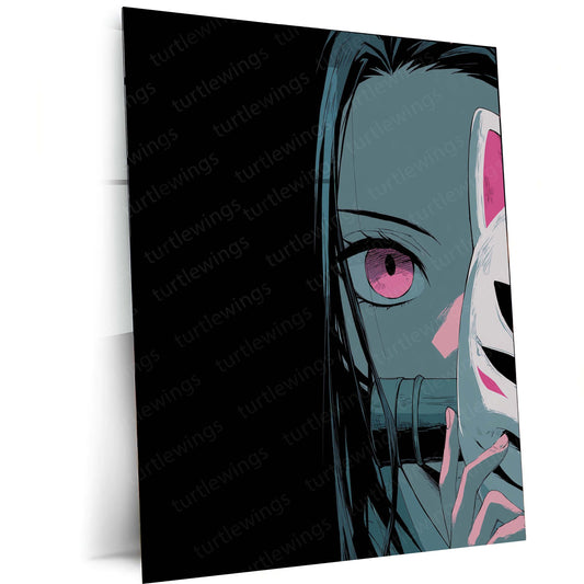 Nezuko Kamado Metal Frame – Fox Mask Half-Cover Anime Poster | Elegant Demon Slayer Wall Art - TURTLEWINGS