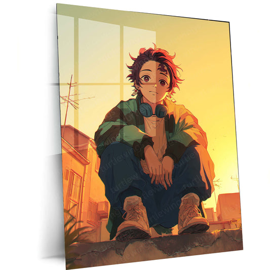 Tanjiro Kamado Metal Frame – Rooftop Golden Hour Scene | Peaceful Demon Slayer Poster | Anime Wall Art for Kimetsu no Yaiba Fans - TURTLEWINGS