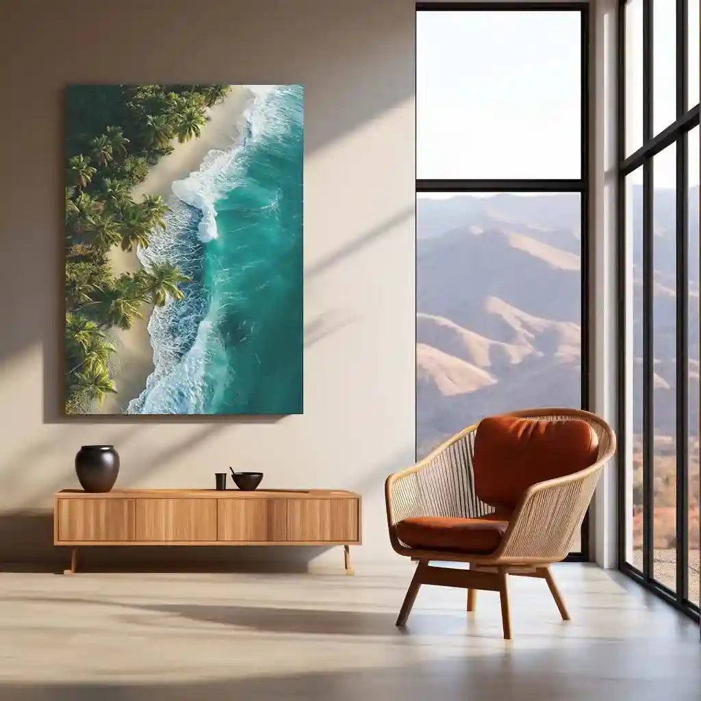 Nature with Beach Metal Poster | Tranquil Coastal Wall Art | Ocean & Palm Tree Decor - TURTLEWINGS