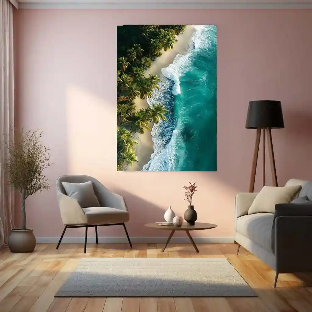Nature with Beach Metal Poster | Tranquil Coastal Wall Art | Ocean & Palm Tree Decor - TURTLEWINGS