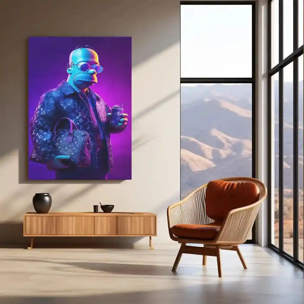 Homer Simpson in Louis Vuitton Metal Poster | Purple Drip Pop Art Wall Decor | Streetwear Meets Cartoon - TURTLEWINGS
