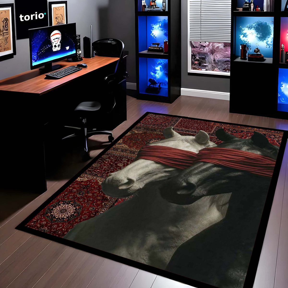 Black & White Horse with Red Blindfold Area Flat Rug | Aesthetic Animal Floor Mat | Modern Artistic Flat Rug for Bedroom, Living Room, Gaming Setup & Home Decor