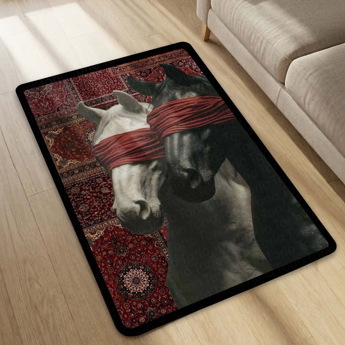 Black & White Horse with Red Blindfold Area Flat Rug | Aesthetic Animal Floor Mat | Modern Artistic Flat Rug for Bedroom, Living Room, Gaming Setup & Home Decor