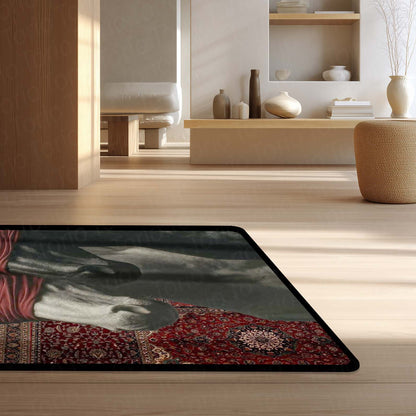 Black & White Horse with Red Blindfold Area Flat Rug | Aesthetic Animal Floor Mat | Modern Artistic Flat Rug for Bedroom, Living Room, Gaming Setup & Home Decor