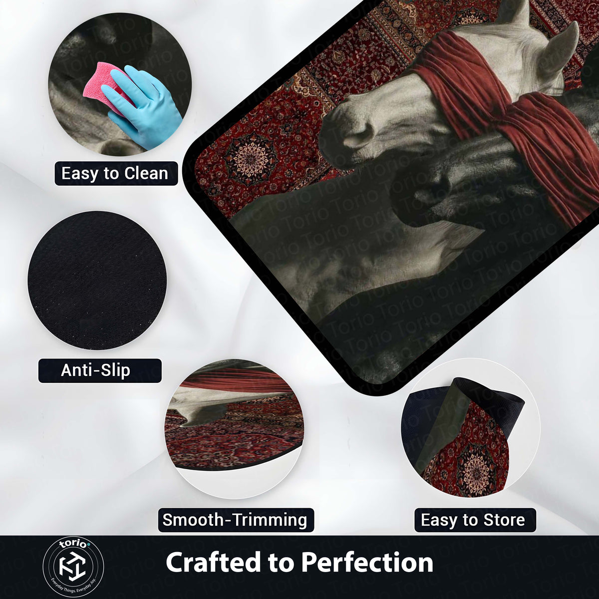 Black & White Horse with Red Blindfold Area Flat Rug | Aesthetic Animal Floor Mat | Modern Artistic Flat Rug for Bedroom, Living Room, Gaming Setup & Home Decor