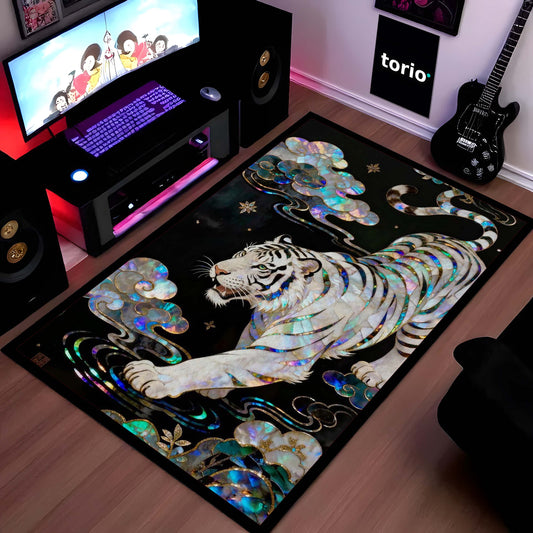 White Tiger Luxury Area Flat Rug with Iridescent Pearl Art | Premium Aesthetic Animal Floor Mat | Modern Designer Flat Rug for Living Room, Bedroom, Gaming Setup & Home Decor
