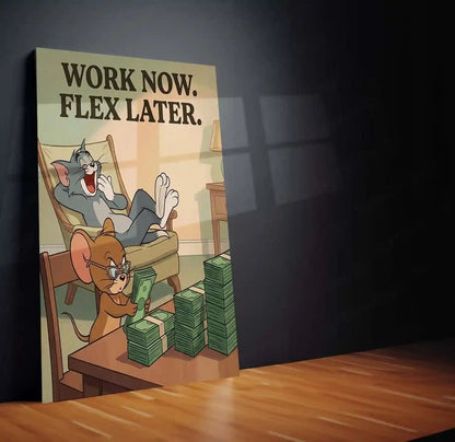 Quote Metal Poster | Work Now, Flex Later | Hustle Motivation Wall Art | Success & Hard Work Cartoon Metal - TURTLEWINGS 