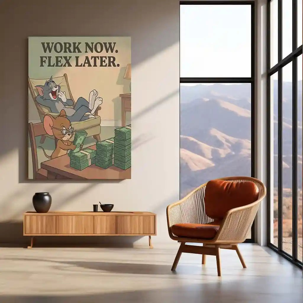 Quote Metal Poster | Work Now, Flex Later | Hustle Motivation Wall Art | Success & Hard Work Cartoon Metal - TURTLEWINGS 