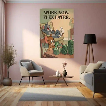 Quote Metal Poster | Work Now, Flex Later | Hustle Motivation Wall Art | Success & Hard Work Cartoon Metal - TURTLEWINGS 
