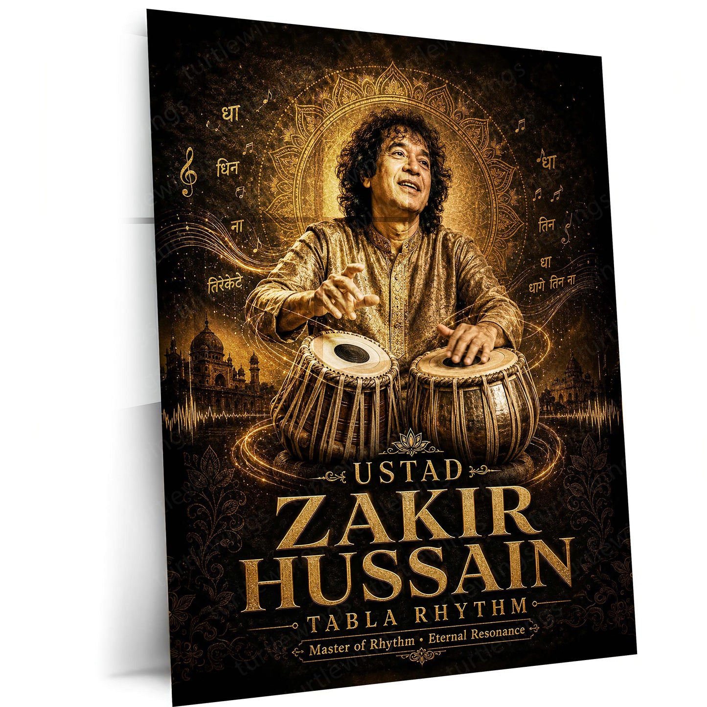 Ustad Zakir Hussain – Tabla Rhythm | Indian Classical Music Legend Metal Frame Wall Art by TurtleWings