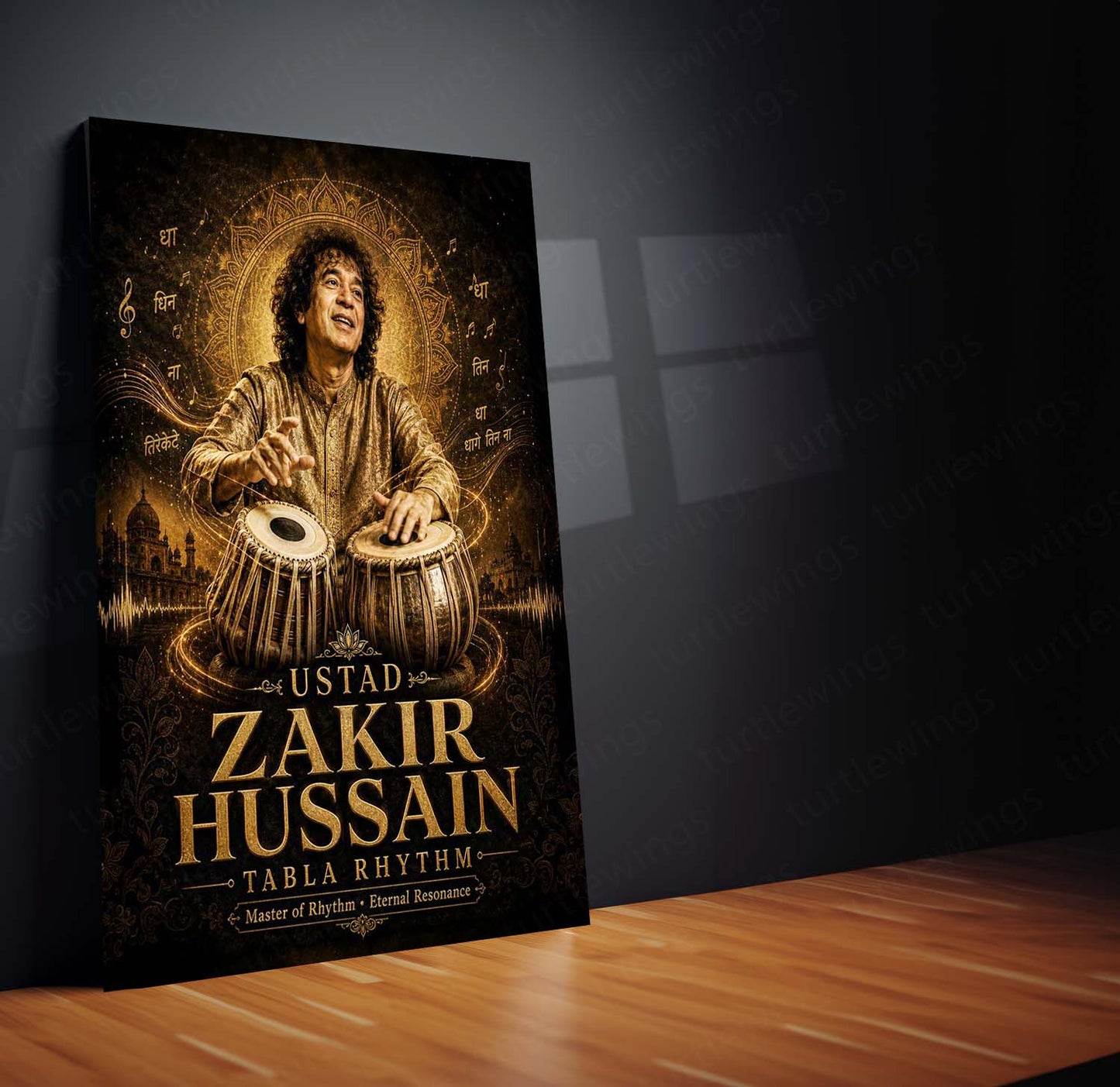 Ustad Zakir Hussain – Tabla Rhythm | Indian Classical Music Legend Metal Frame Wall Art by TurtleWings
