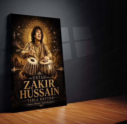 Ustad Zakir Hussain – Tabla Rhythm | Indian Classical Music Legend Metal Frame Wall Art by TurtleWings
