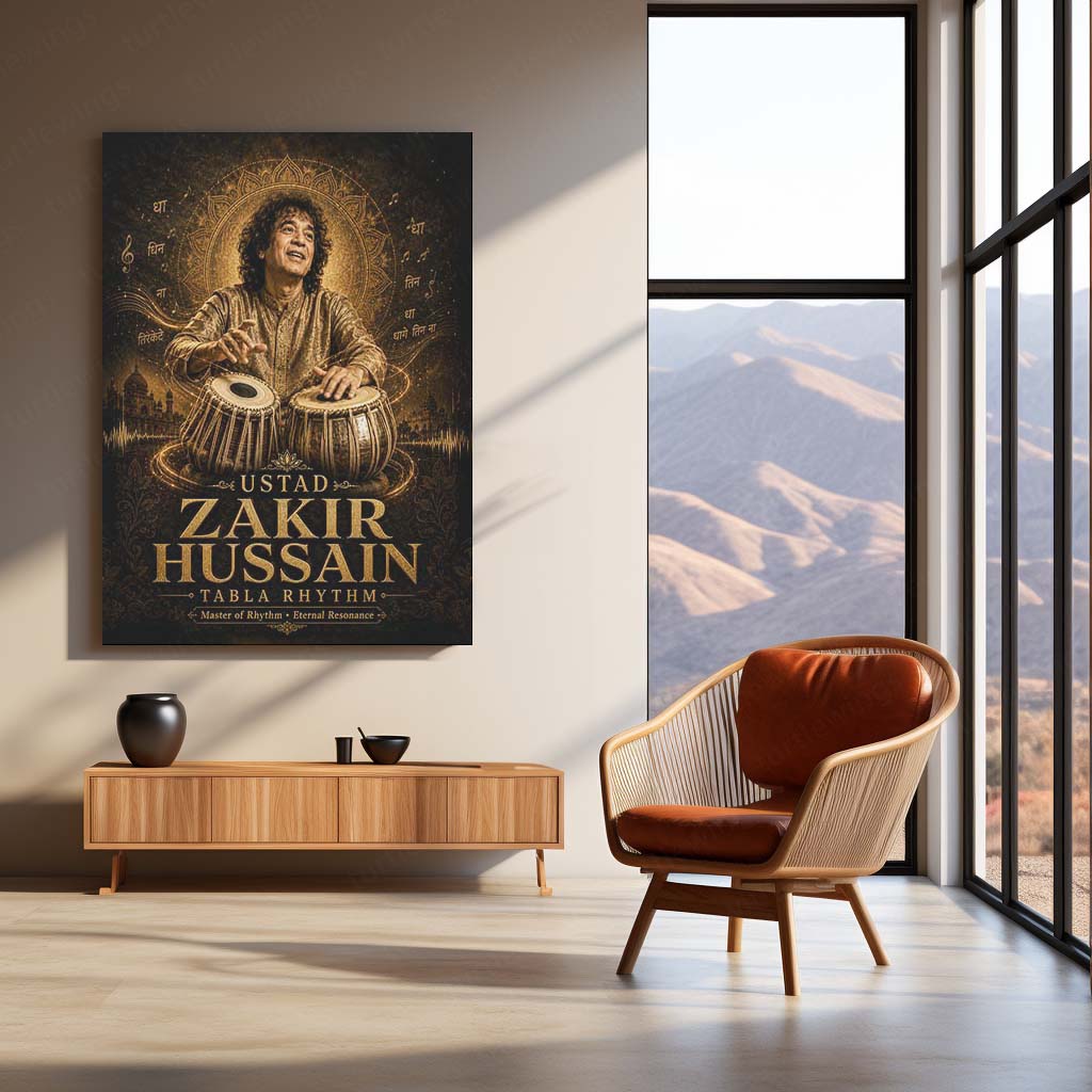Ustad Zakir Hussain – Tabla Rhythm | Indian Classical Music Legend Metal Frame Wall Art by TurtleWings