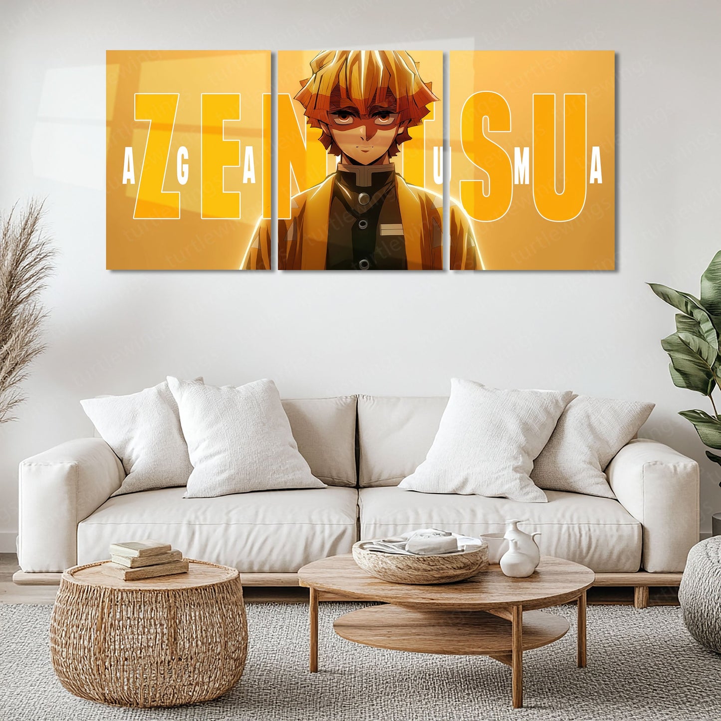 Anime Metal Poster Set of 3 | Zenitsu Agatsuma Minimalist Demon Slayer Triptych Wall Art