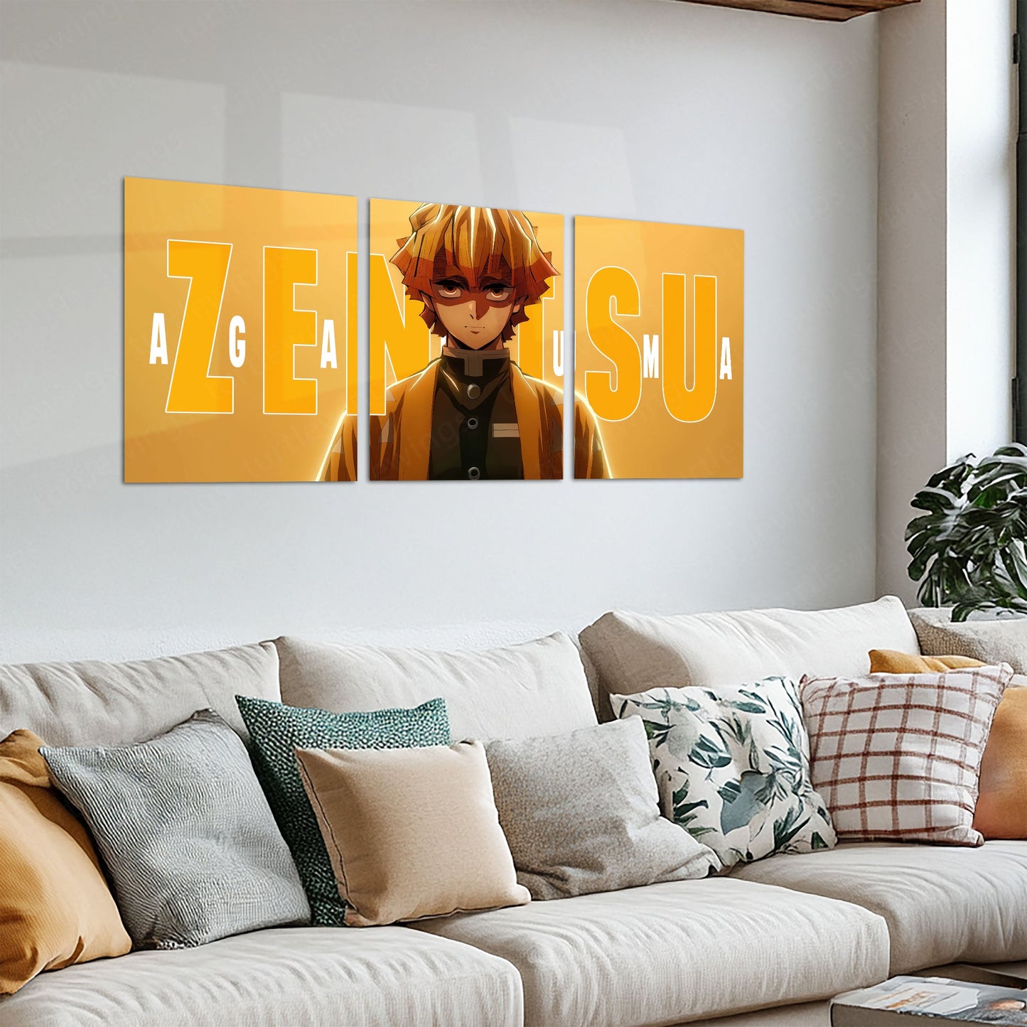 Anime Metal Poster Set of 3 | Zenitsu Agatsuma Minimalist Demon Slayer Triptych Wall Art