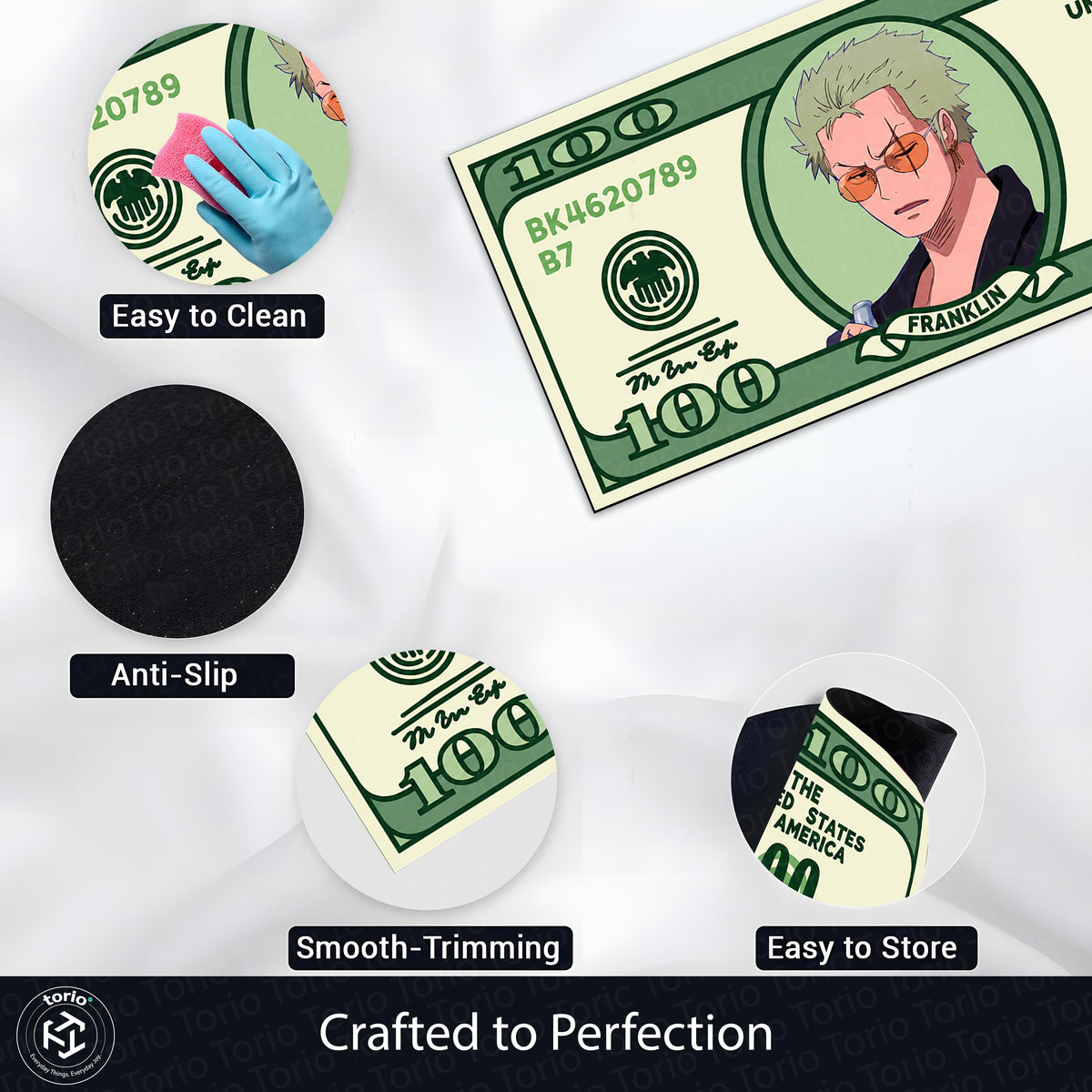 Roronoa Zoro Money Note Flat Rug | One Piece Anime Dollar Bill Inspired Bedroom Flat Rug for Gaming Room & Otaku Decor