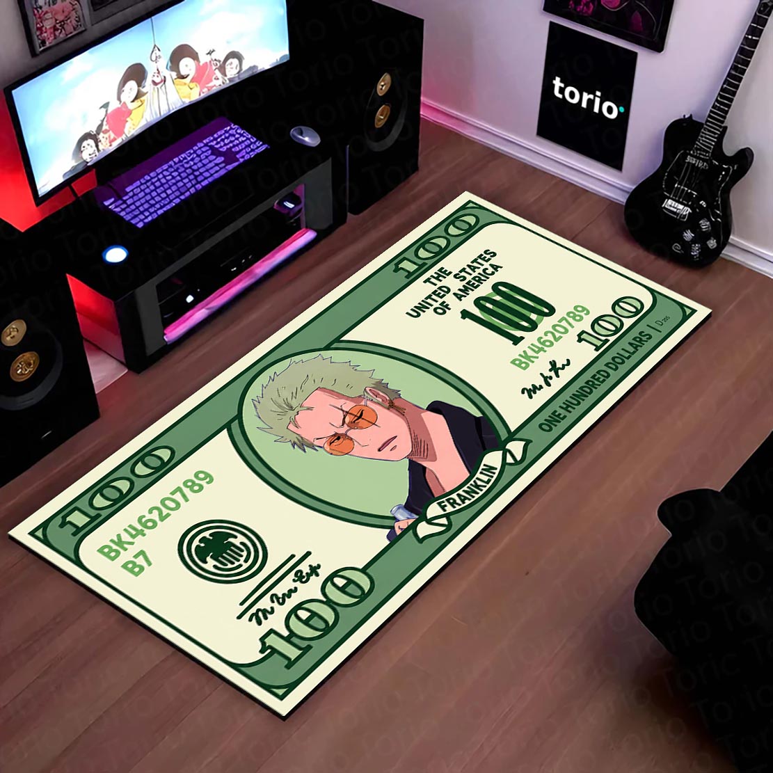 Roronoa Zoro Money Note Flat Rug | One Piece Anime Dollar Bill Inspired Bedroom Flat Rug for Gaming Room & Otaku Decor
