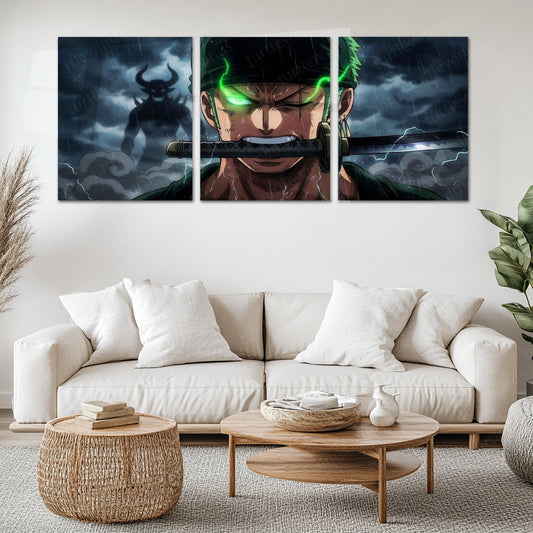 Anime Metal Poster Set of 3 | Roronoa Zoro Demon Aura Triptych Wall Art