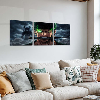 Anime Metal Poster Set of 3 | Roronoa Zoro Demon Aura Triptych Wall Art